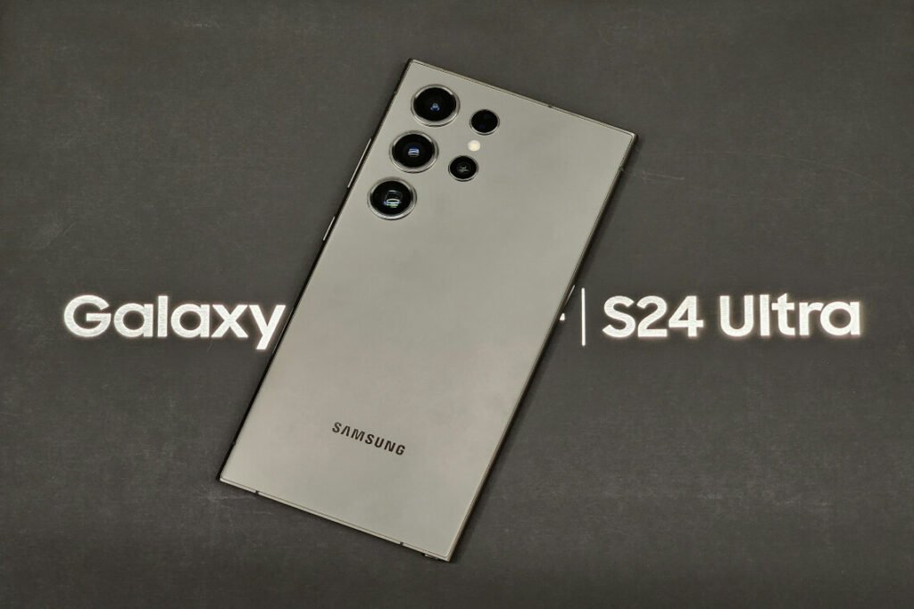 Samsung Galaxy S24 Ultra with a premium design, sharp edges, and a durable glass and metal finish.
